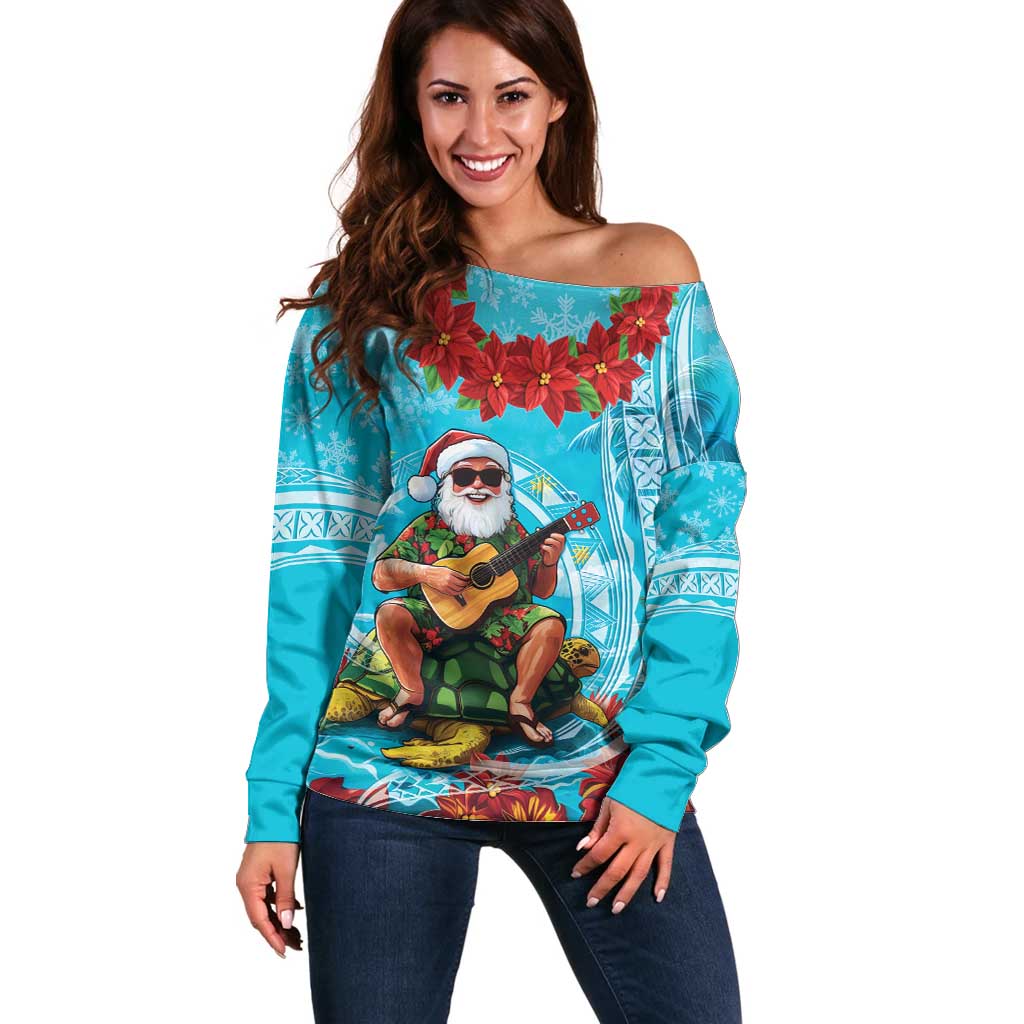 Hawaii Christmas Off Shoulder Sweater Mele Kalikimaka Poinsettia Lei Polynesian - Blue LT14 Women Blue - Polynesian Pride