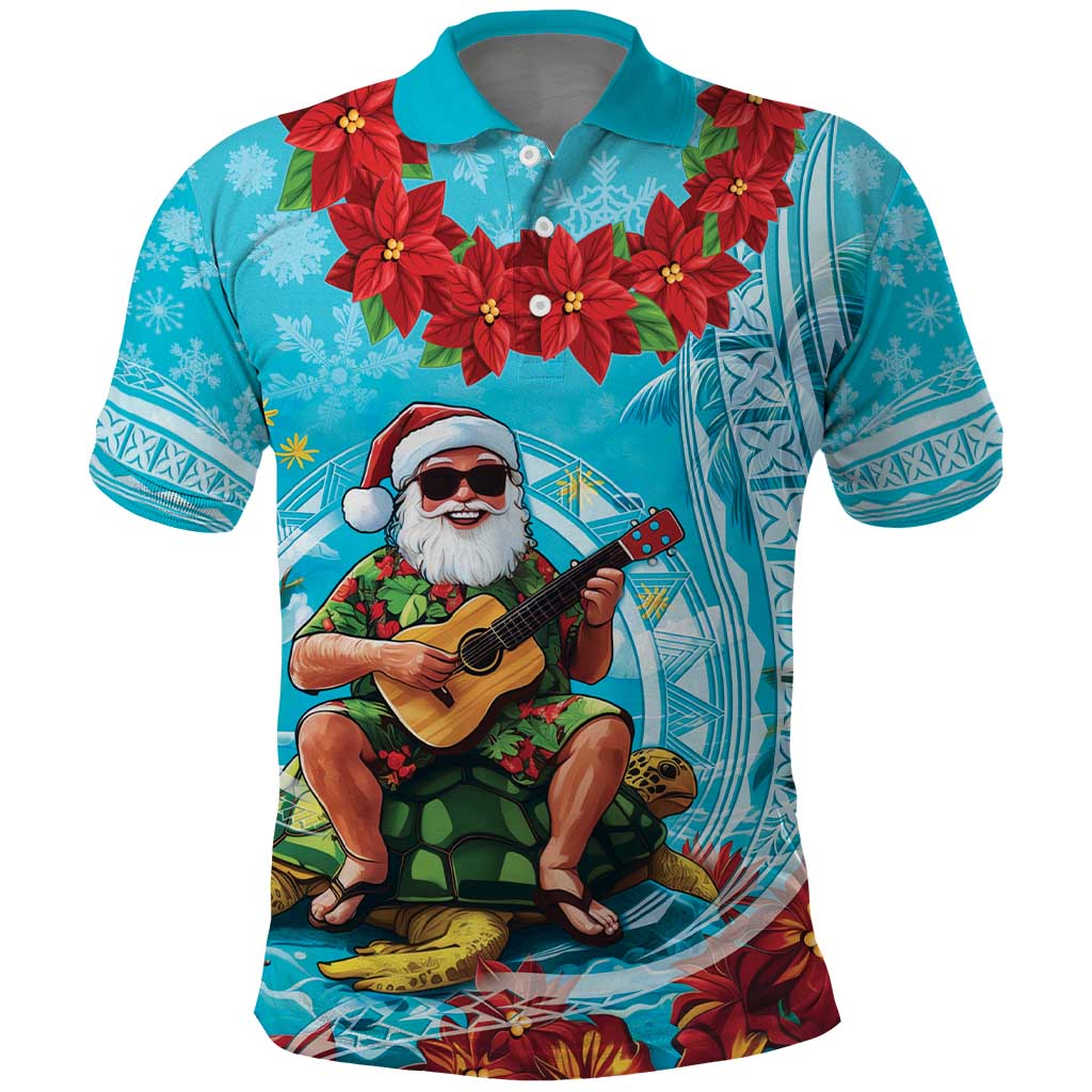 Hawaii Christmas Polo Shirt Mele Kalikimaka Poinsettia Lei Polynesian - Blue LT14 Blue - Polynesian Pride