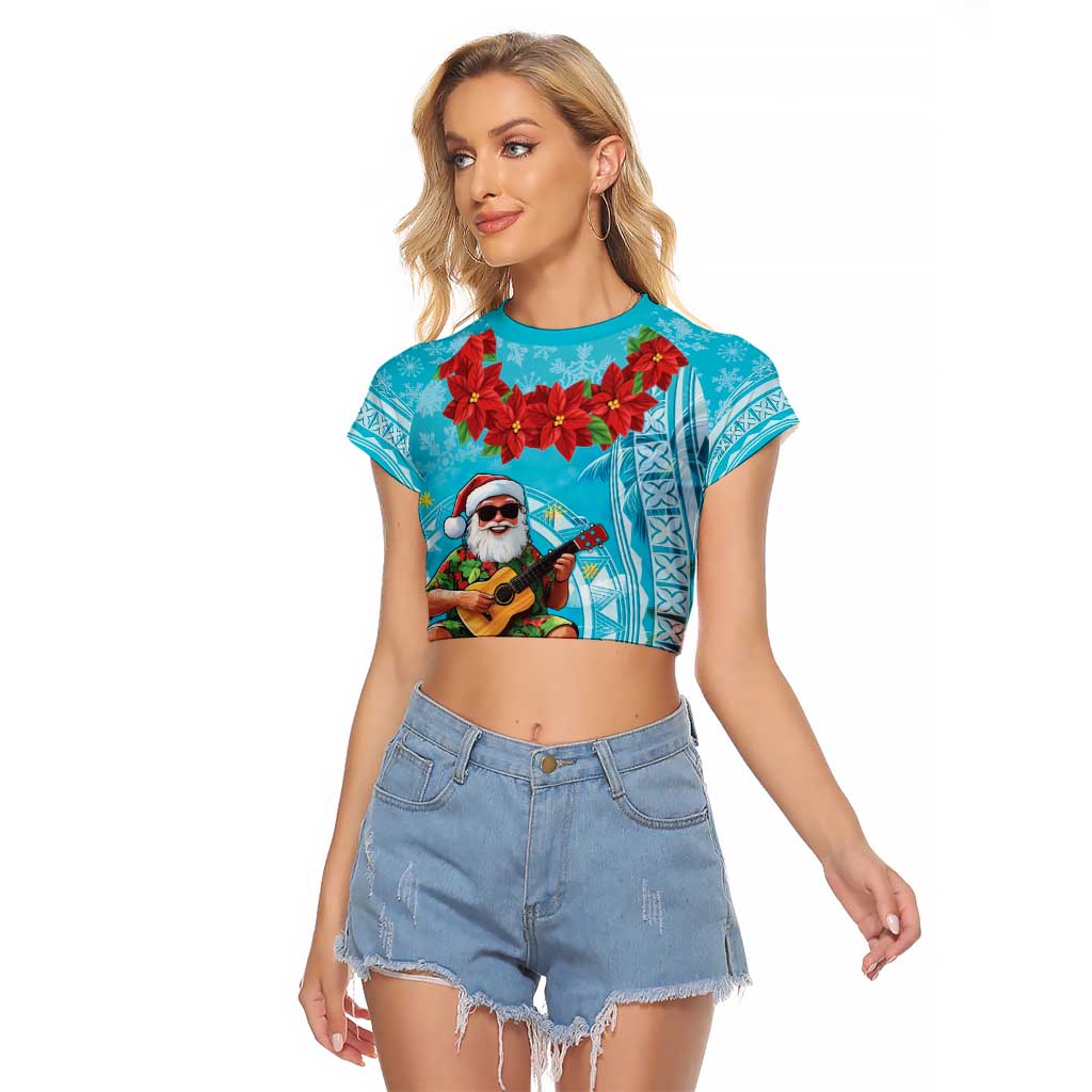 Hawaii Christmas Raglan Cropped T Shirt Mele Kalikimaka Poinsettia Lei Polynesian - Blue LT14 Female Blue - Polynesian Pride