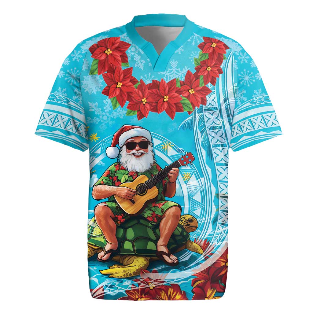 Hawaii Christmas Rugby Jersey Mele Kalikimaka Poinsettia Lei Polynesian - Blue LT14 Blue - Polynesian Pride
