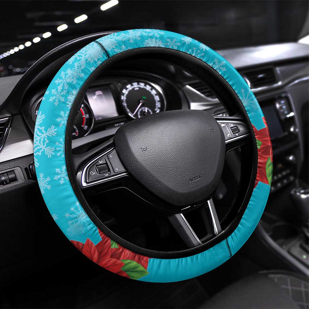 Hawaii Christmas Steering Wheel Cover Mele Kalikimaka Poinsettia Lei Polynesian - Blue LT14 Universal Fit Blue - Polynesian Pride