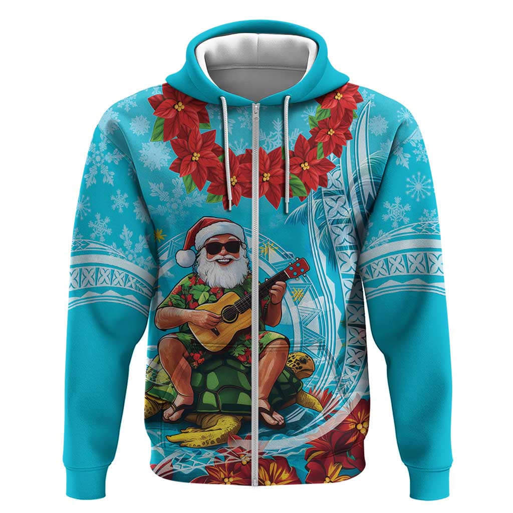 Hawaii Christmas Zip Hoodie Mele Kalikimaka Poinsettia Lei Polynesian - Blue LT14 Zip Hoodie Blue - Polynesian Pride