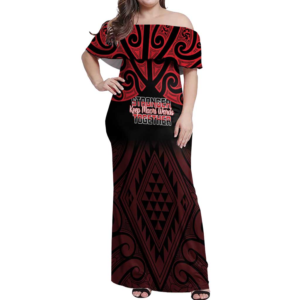 Personalised Keep Maori Wards New Zealand Off Shoulder Maxi Dress Stronger Together Aotearoa Taniko LT14 Women Black - Polynesian Pride