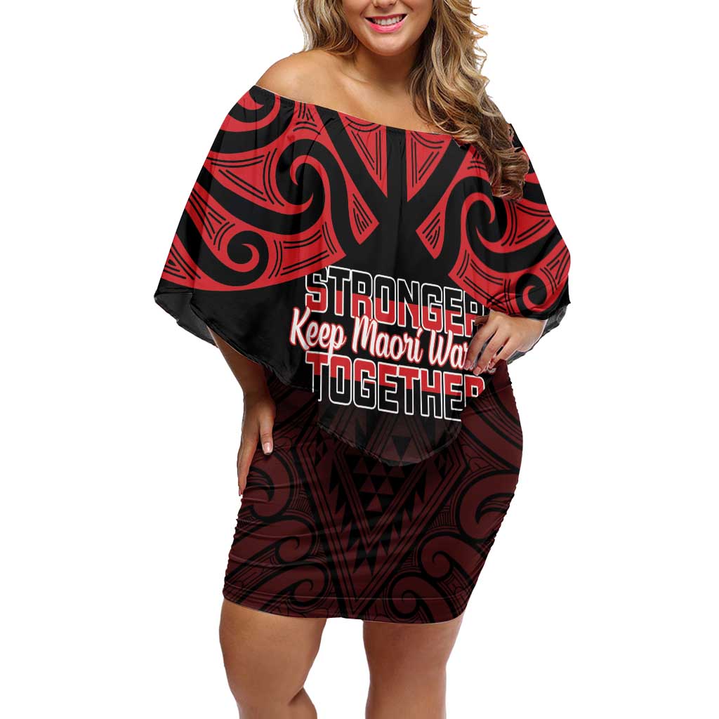 Personalised Keep Maori Wards New Zealand Off Shoulder Short Dress Stronger Together Aotearoa Taniko LT14 Women Black - Polynesian Pride