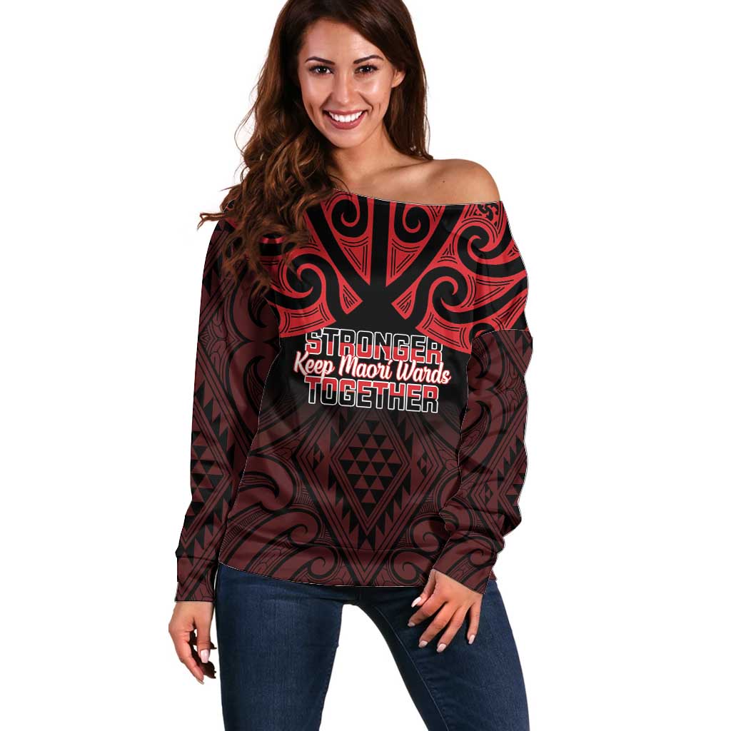 Personalised Keep Maori Wards New Zealand Off Shoulder Sweater Stronger Together Aotearoa Taniko LT14 Women Black - Polynesian Pride