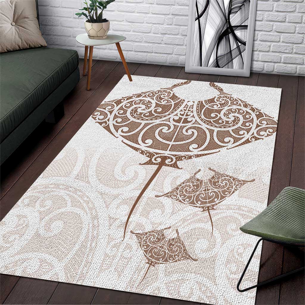 New Zealand Manta Ray Tattoo Area Rug Aotearoa Maori Haehae Beige LT14 White - Polynesian Pride