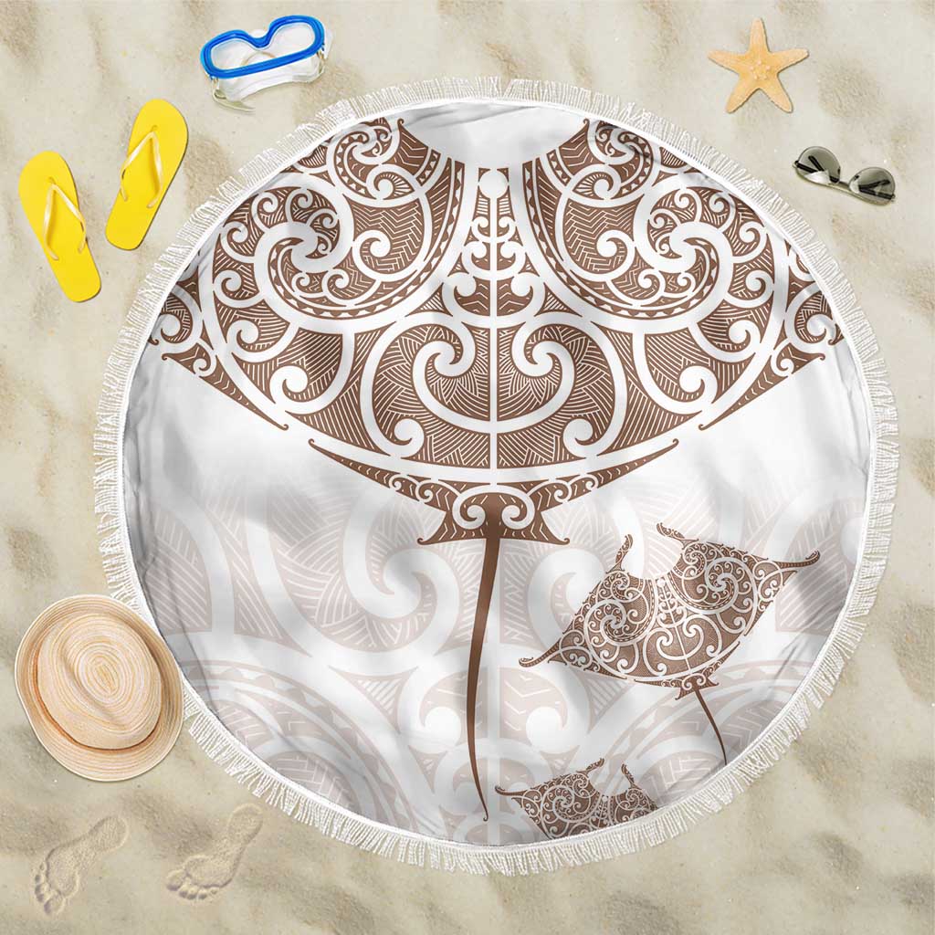 New Zealand Manta Ray Tattoo Beach Blanket Aotearoa Maori Haehae Beige LT14 One Size 150cm White - Polynesian Pride