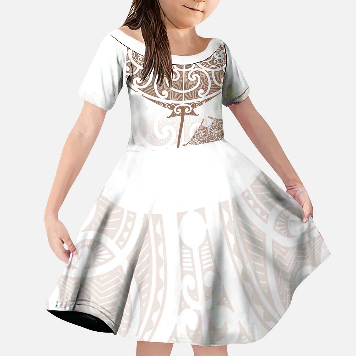New Zealand Manta Ray Tattoo Kid Short Sleeve Dress Aotearoa Maori Haehae Beige LT14 KID White - Polynesian Pride