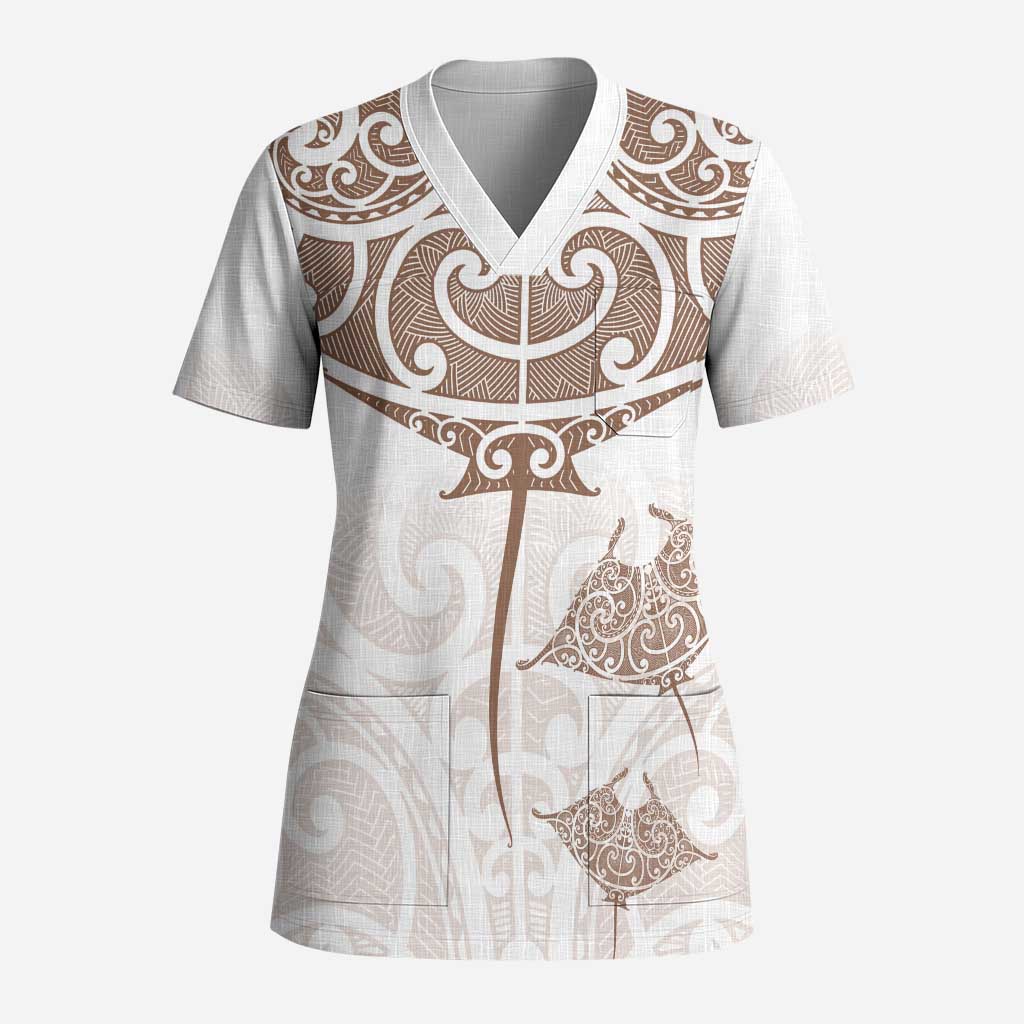 New Zealand Manta Ray Tattoo Scrub Top Aotearoa Maori Haehae Beige LT14 Adult White - Polynesian Pride