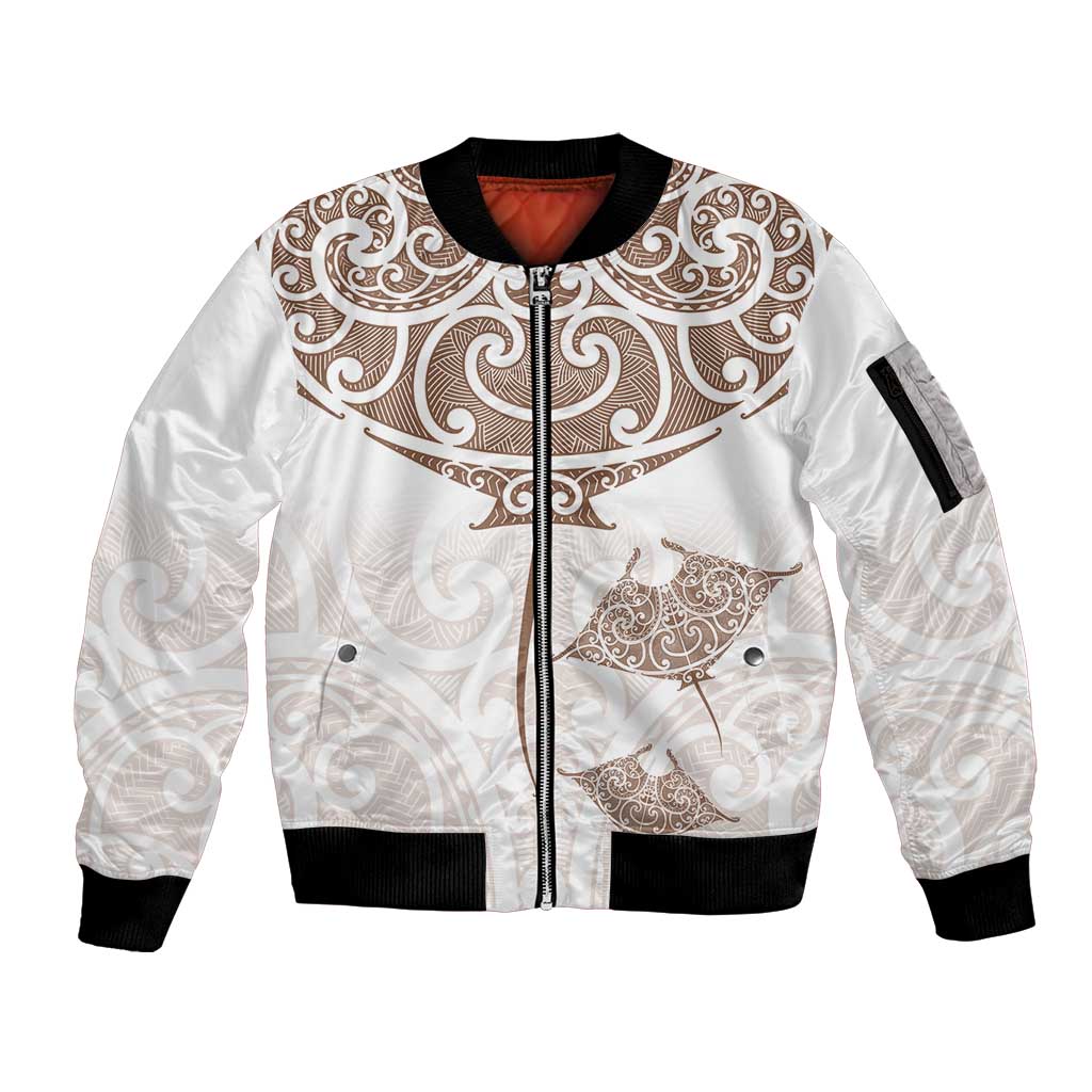 New Zealand Manta Ray Tattoo Sleeve Zip Bomber Jacket Aotearoa Maori Haehae Beige LT14 Unisex White - Polynesian Pride