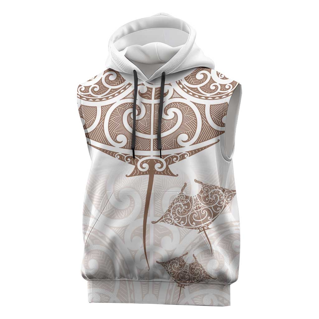 New Zealand Manta Ray Tattoo Sleeveless Hoodie Aotearoa Maori Haehae Beige LT14 White - Polynesian Pride