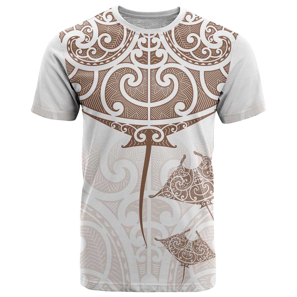 New Zealand Manta Ray Tattoo T Shirt Aotearoa Maori Haehae Beige LT14 White - Polynesian Pride