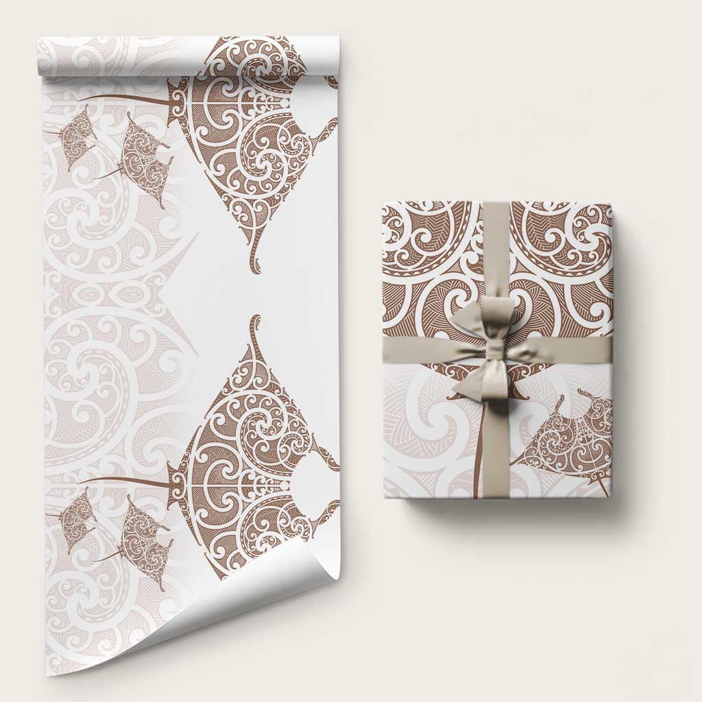 New Zealand Manta Ray Tattoo Wrapping Paper Aotearoa Maori Haehae Beige LT14 58" × 23" White - Polynesian Pride