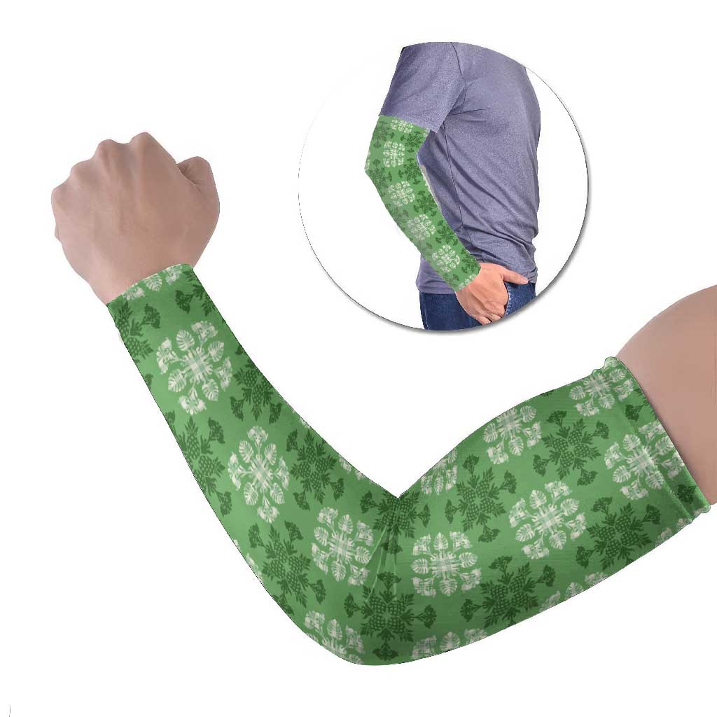 Green Hawaiian Quilt Arm Sleeves Hawaii Pineapple Monstera Palaka Motifs LT14 Set of 2 Green - Polynesian Pride