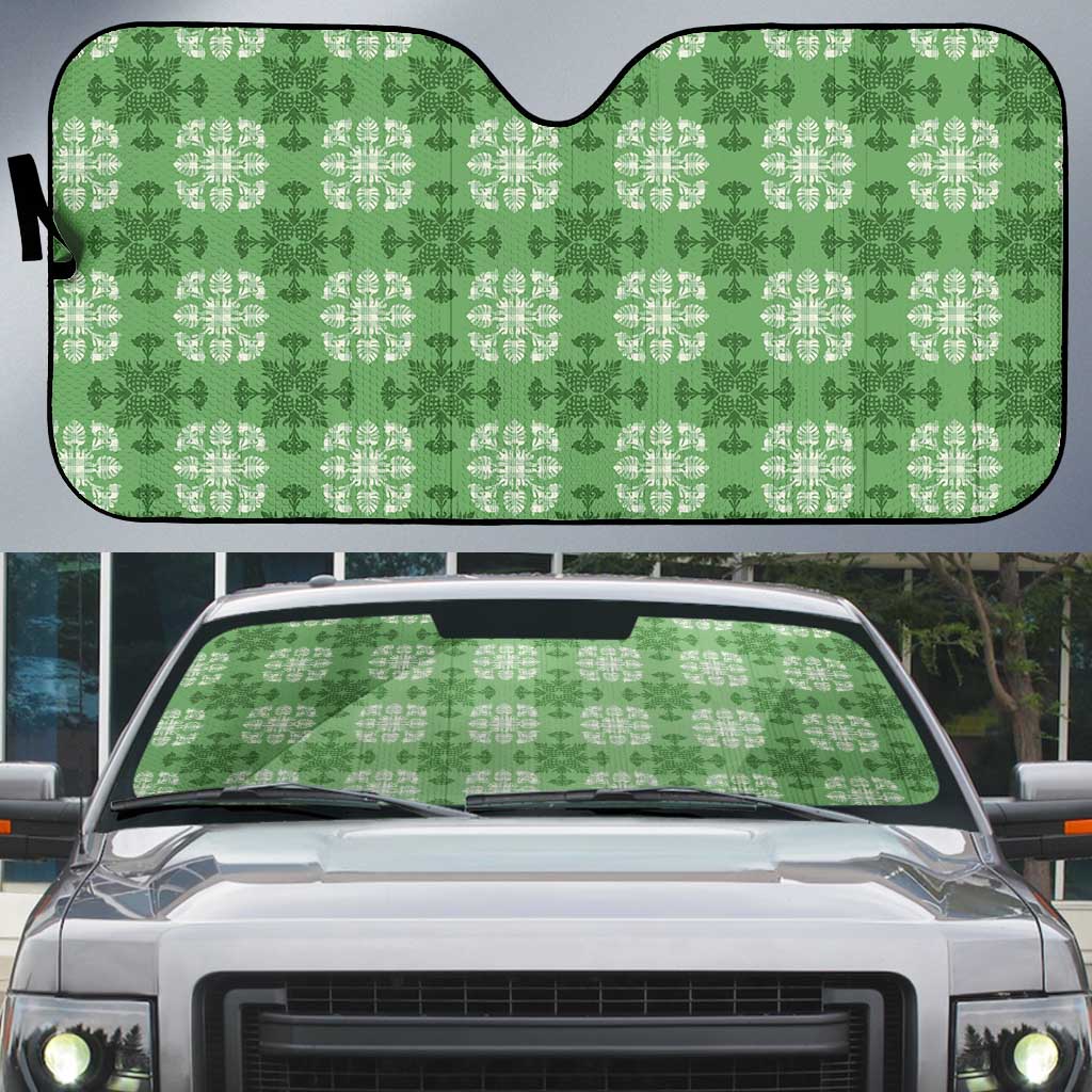 Green Hawaiian Quilt Auto Sun Shade Hawaii Pineapple Monstera Palaka Motifs LT14 Green - Polynesian Pride