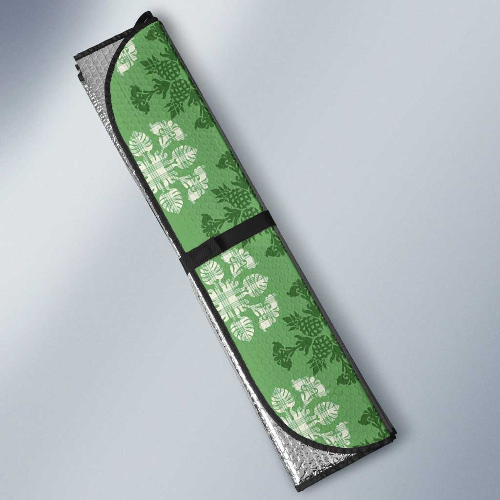 Green Hawaiian Quilt Auto Sun Shade Hawaii Pineapple Monstera Palaka Motifs LT14 - Polynesian Pride