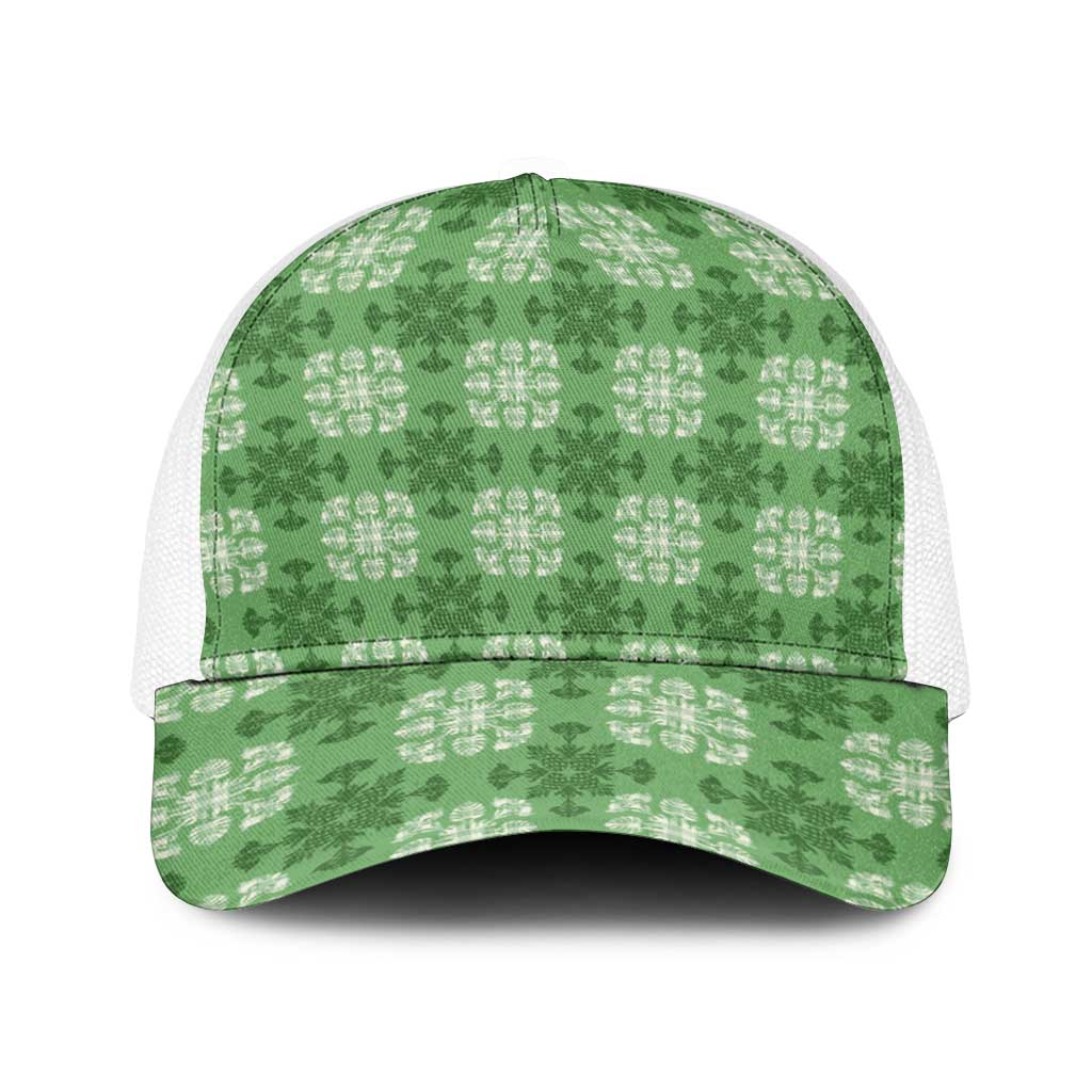 Green Hawaiian Quilt Baseball Net Cap Hawaii Pineapple Monstera Palaka Motifs LT14 One Size White Green - Polynesian Pride