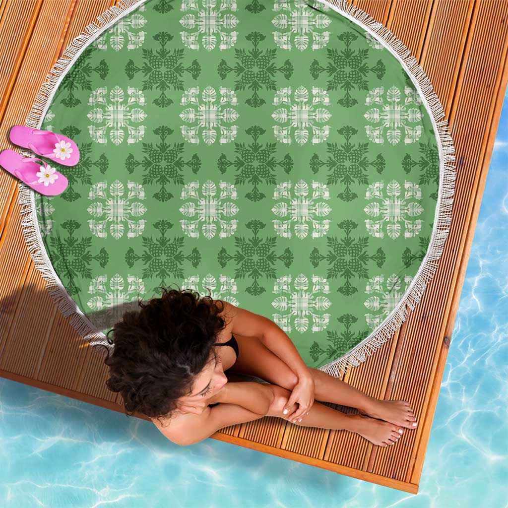 Green Hawaiian Quilt Beach Blanket Hawaii Pineapple Monstera Palaka Motifs LT14 - Polynesian Pride