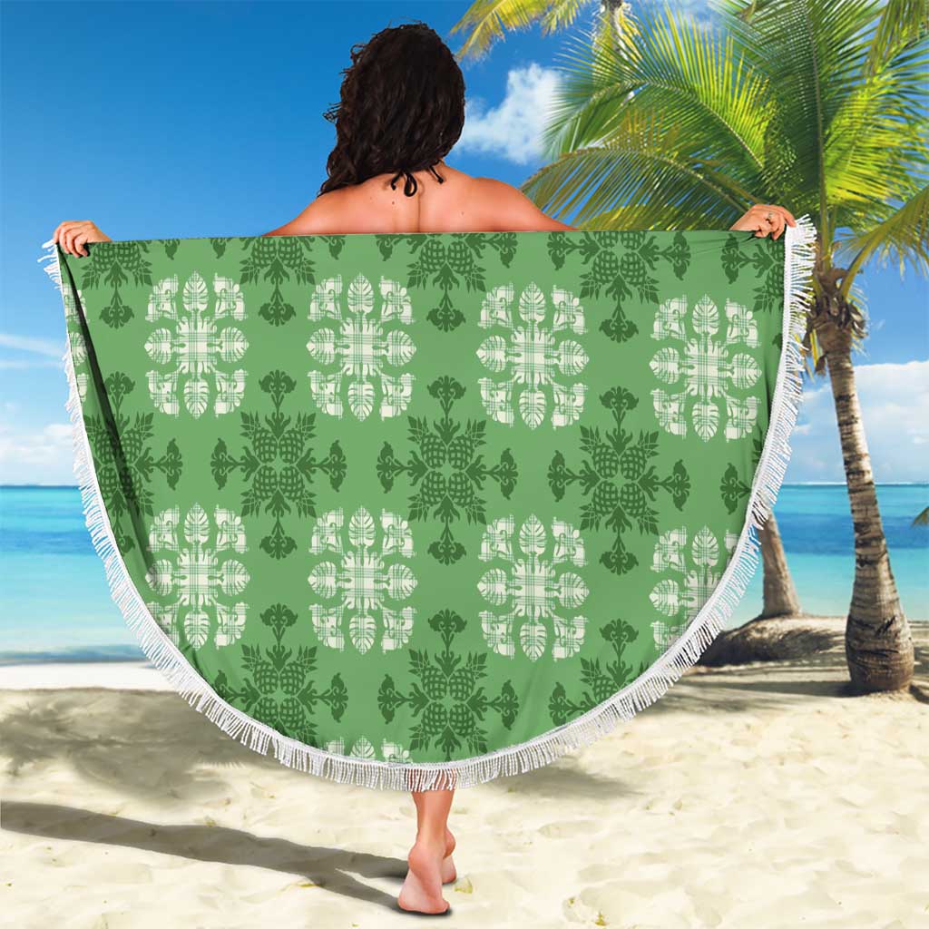 Green Hawaiian Quilt Beach Blanket Hawaii Pineapple Monstera Palaka Motifs LT14 - Polynesian Pride