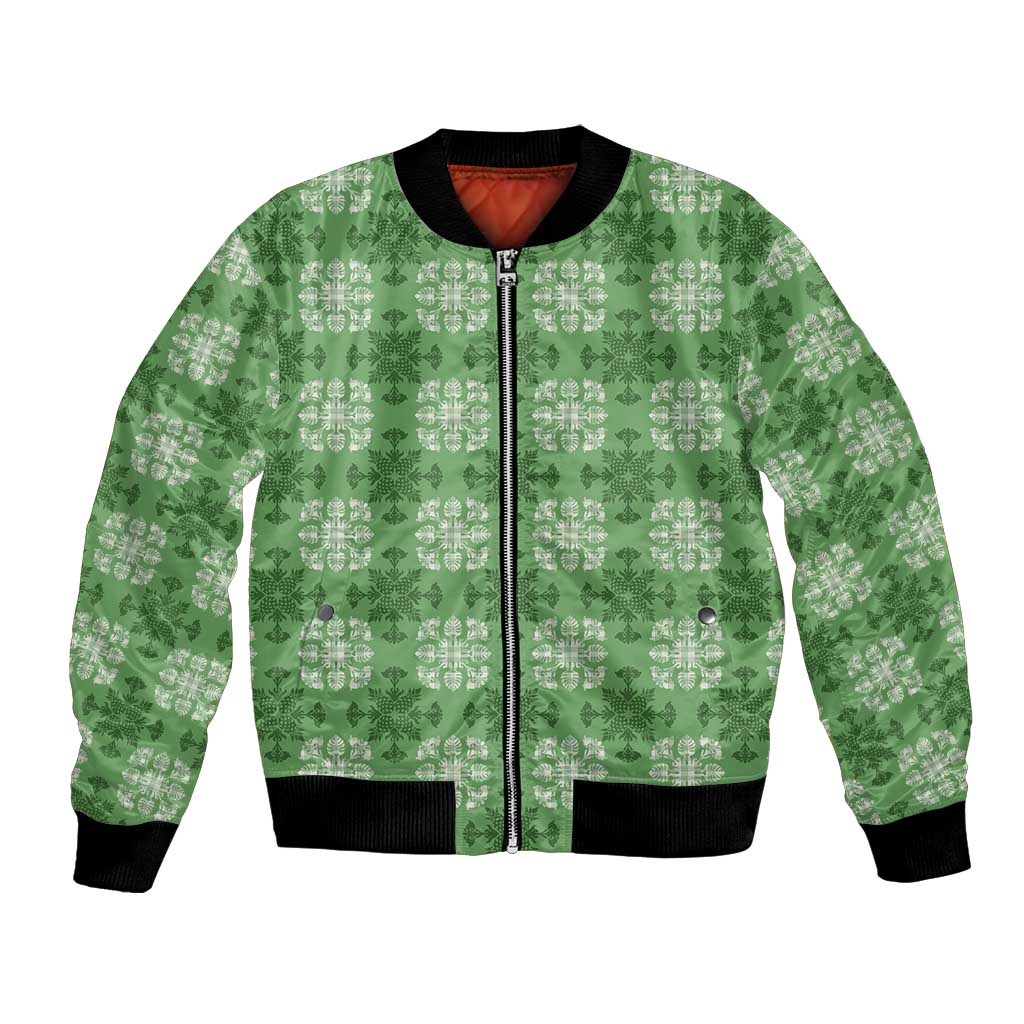 Green Hawaiian Quilt Bomber Jacket Hawaii Pineapple Monstera Palaka Motifs LT14 Unisex Green - Polynesian Pride