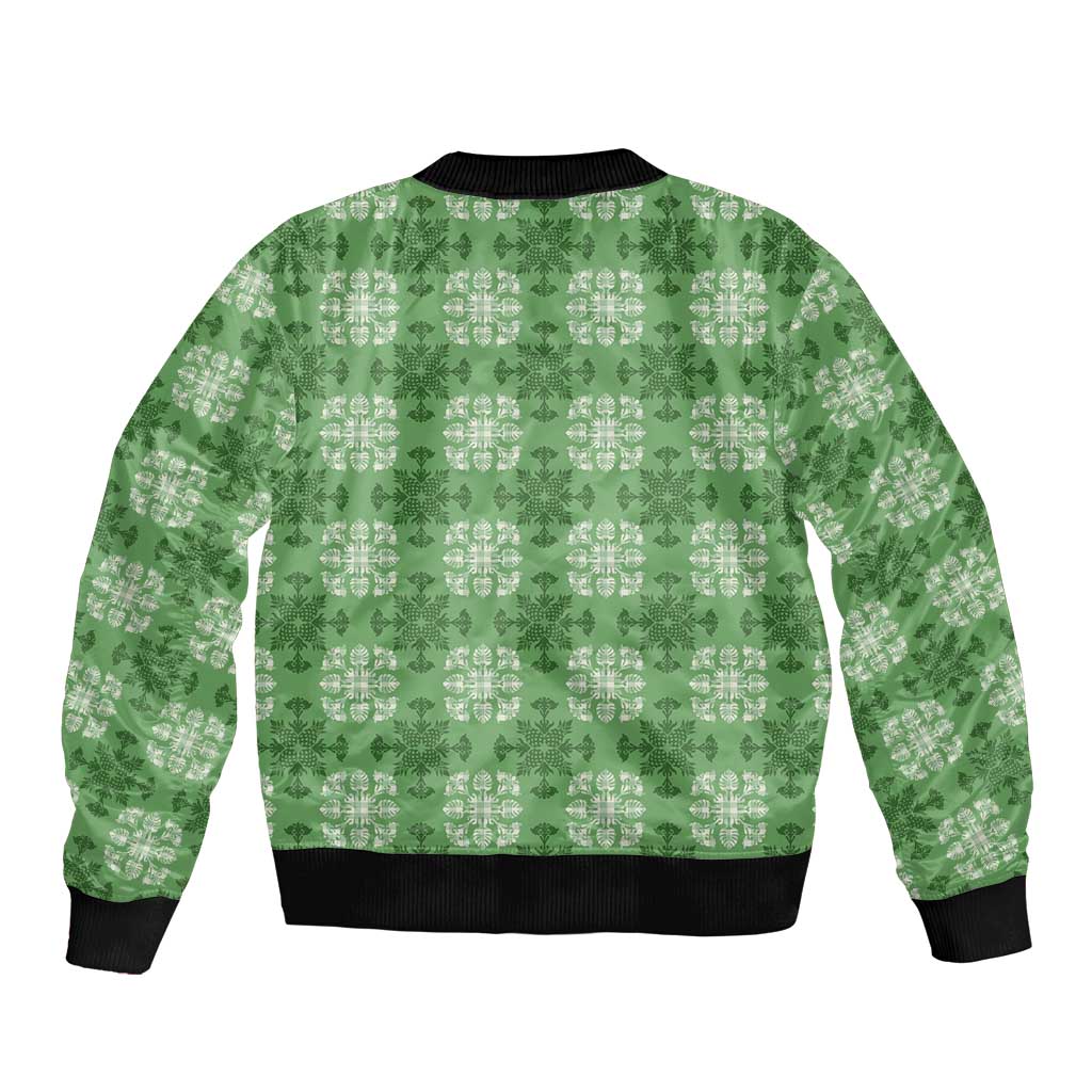 Green Hawaiian Quilt Bomber Jacket Hawaii Pineapple Monstera Palaka Motifs LT14 - Polynesian Pride