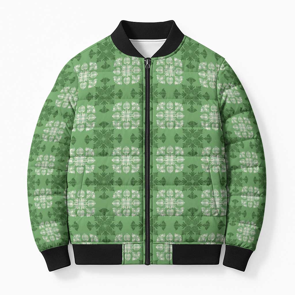 Green Hawaiian Quilt Bomber Puffer Jacket Hawaii Pineapple Monstera Palaka Motifs LT14 Unisex Green - Polynesian Pride
