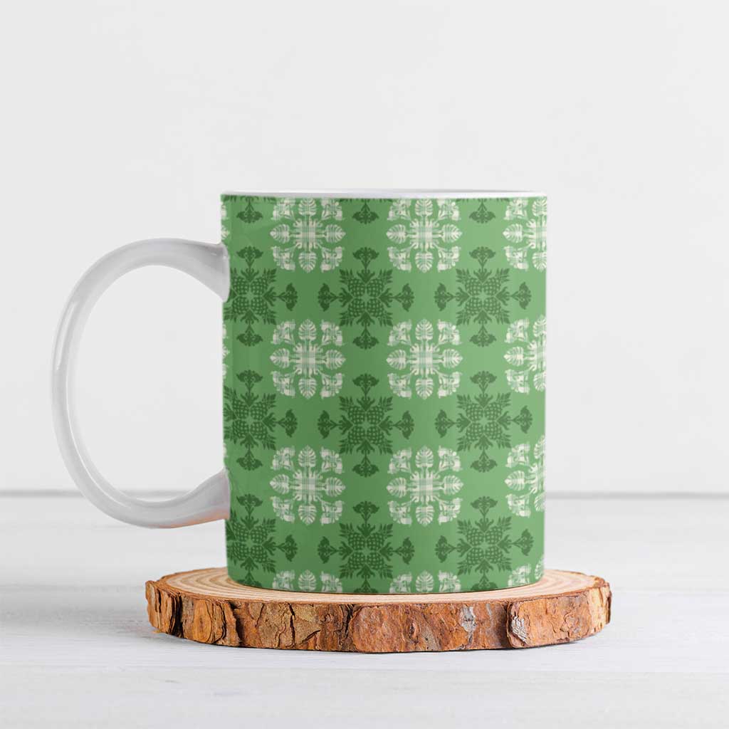 Green Hawaiian Quilt Ceramic Mug Hawaii Pineapple Monstera Palaka Motifs LT14 Green - Polynesian Pride
