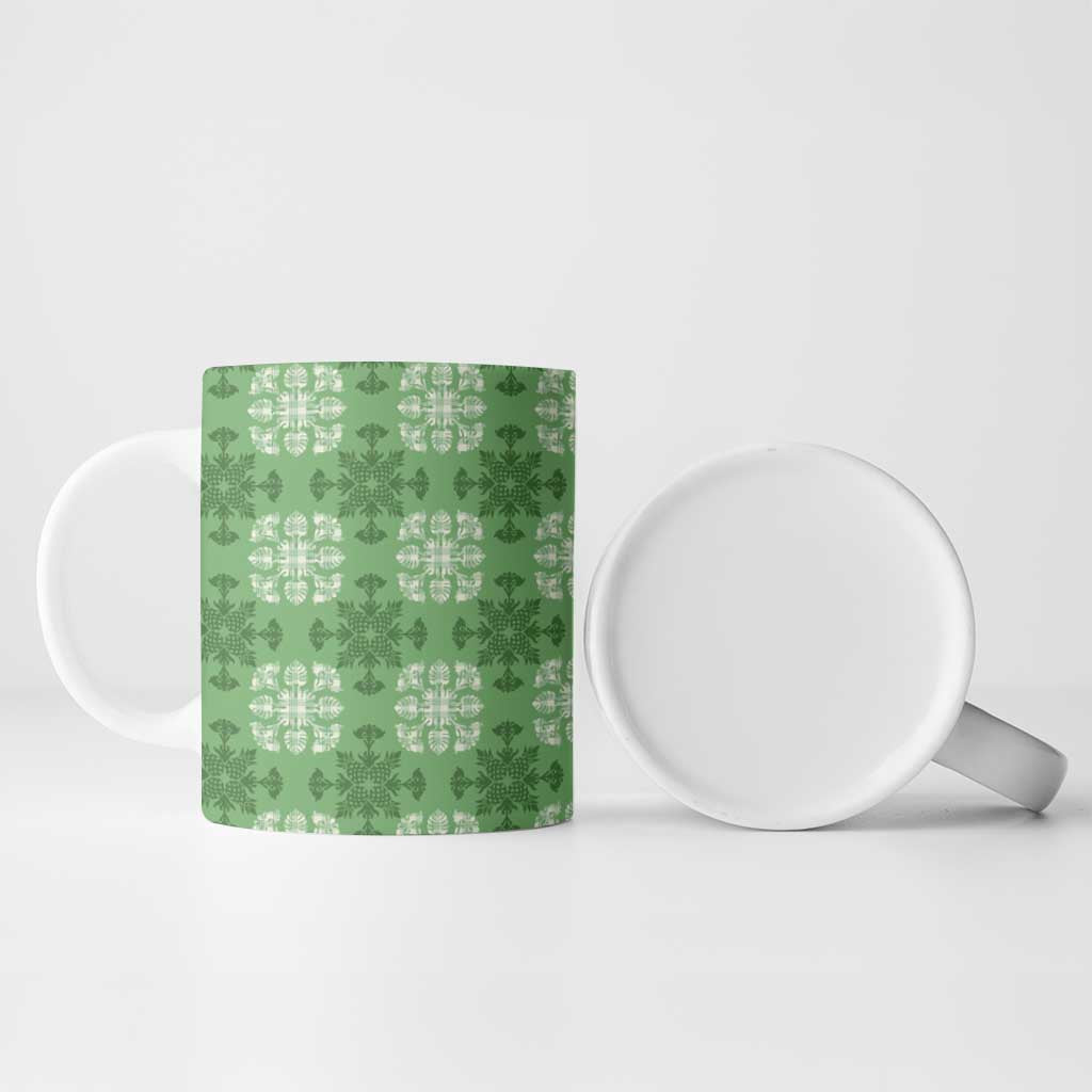 Green Hawaiian Quilt Ceramic Mug Hawaii Pineapple Monstera Palaka Motifs LT14 - Polynesian Pride