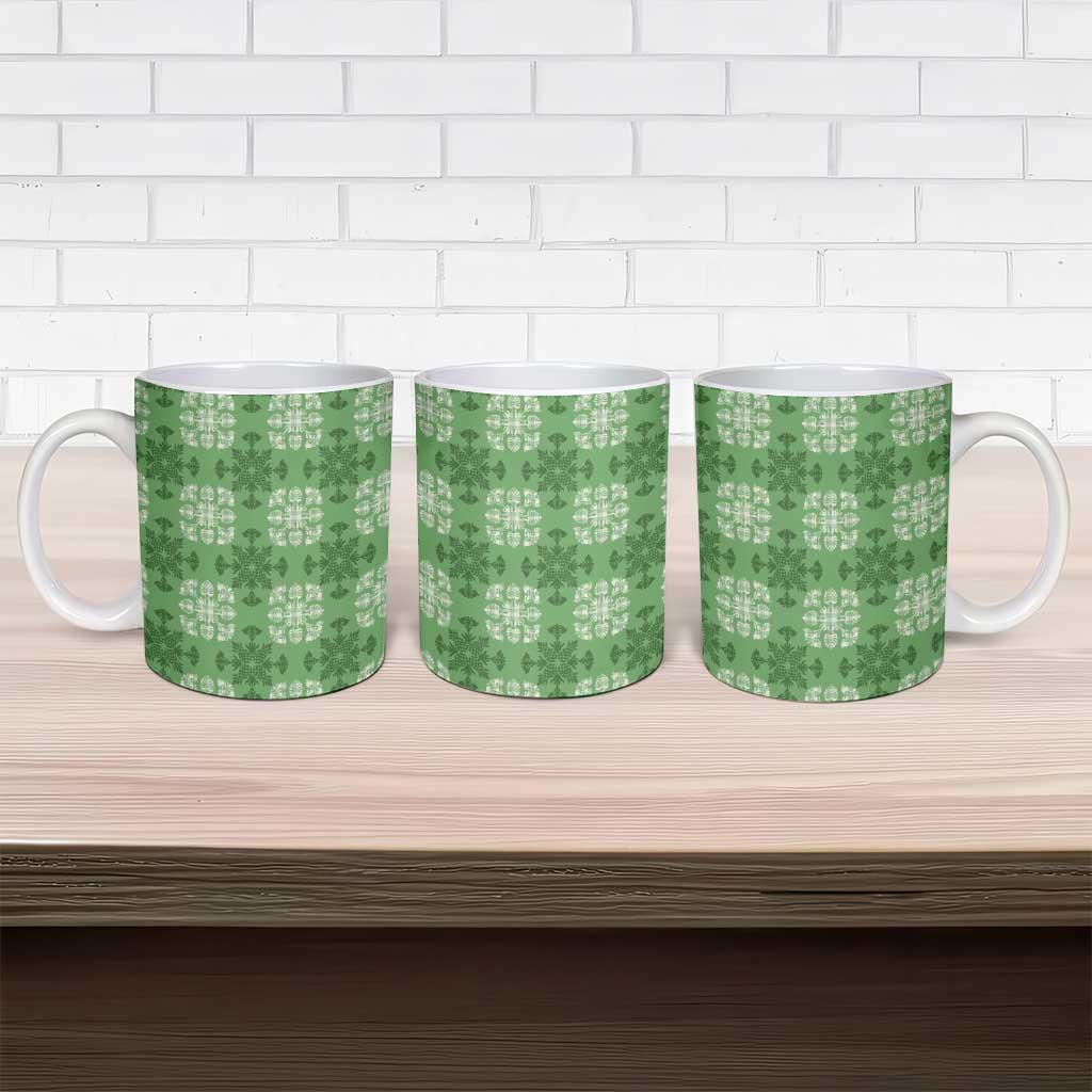 Green Hawaiian Quilt Ceramic Mug Hawaii Pineapple Monstera Palaka Motifs LT14 - Polynesian Pride
