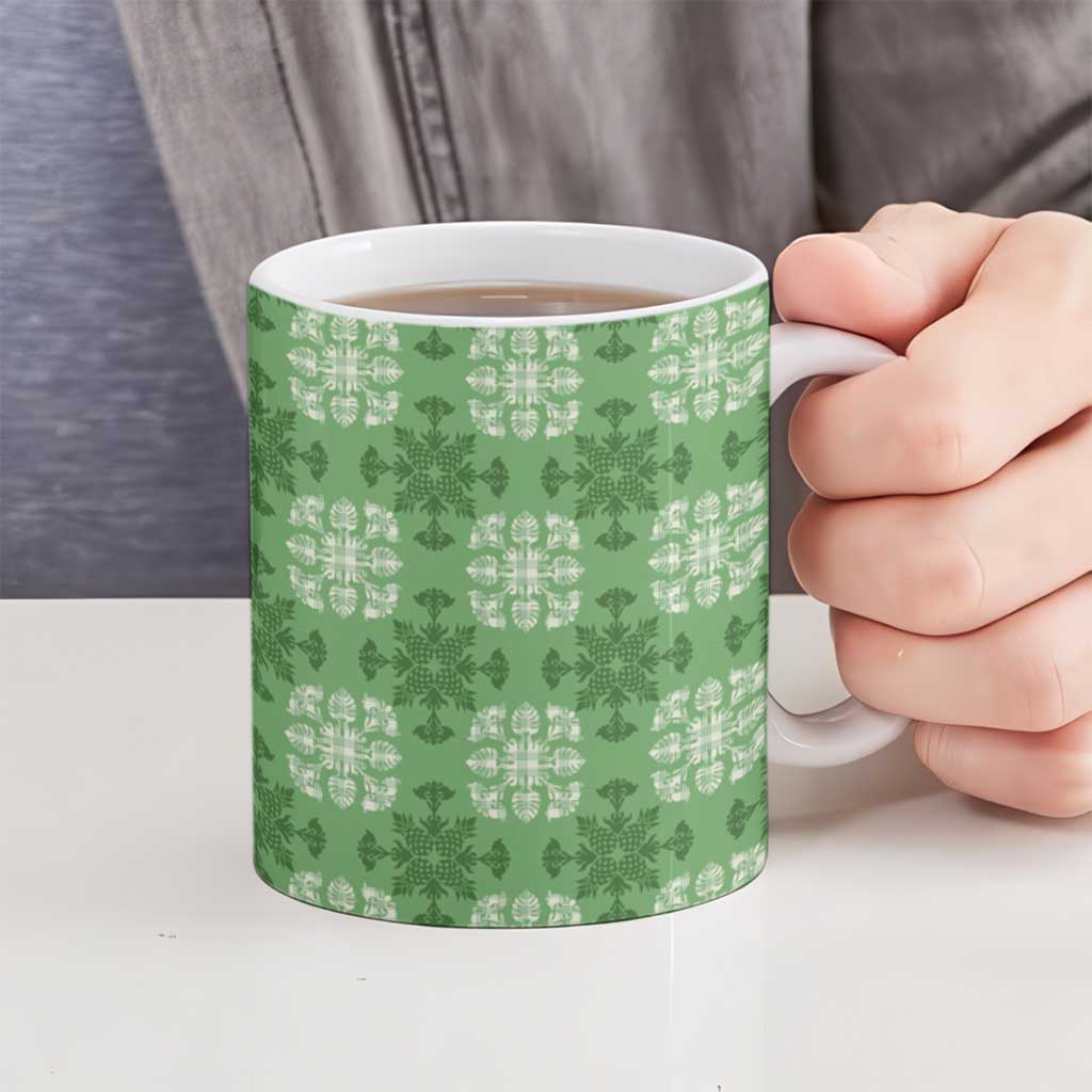 Green Hawaiian Quilt Ceramic Mug Hawaii Pineapple Monstera Palaka Motifs LT14 - Polynesian Pride