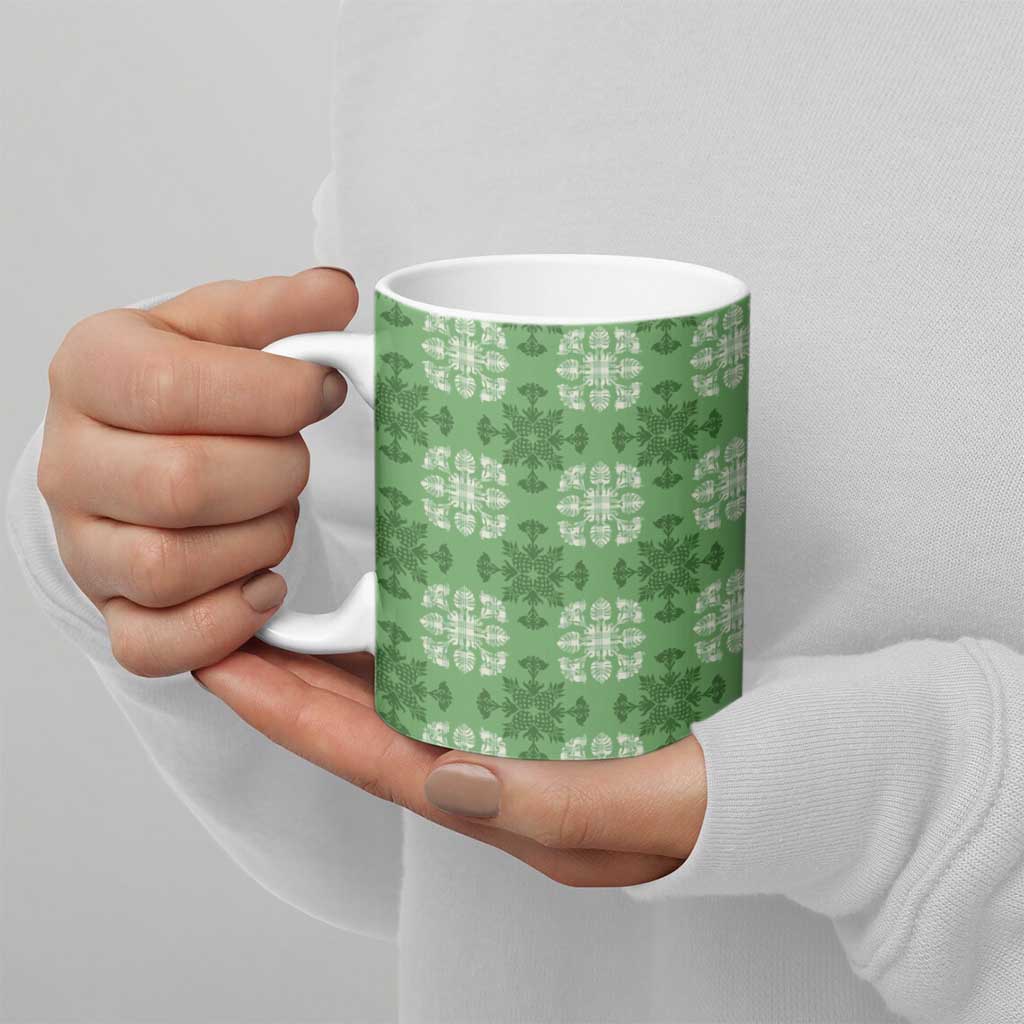 Green Hawaiian Quilt Ceramic Mug Hawaii Pineapple Monstera Palaka Motifs LT14 - Polynesian Pride