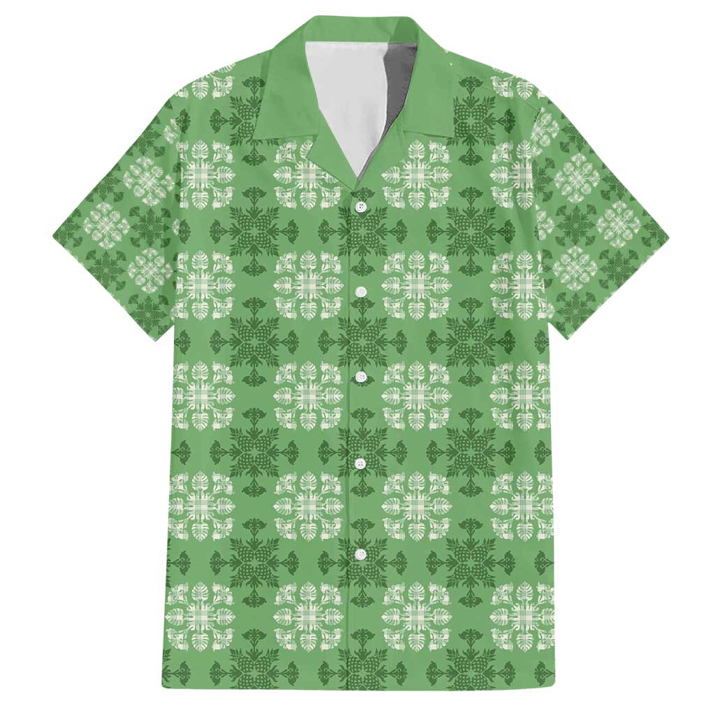 Green Hawaiian Quilt Hawaiian Shirt Hawaii Pineapple Monstera Palaka Motifs LT14 Green - Polynesian Pride