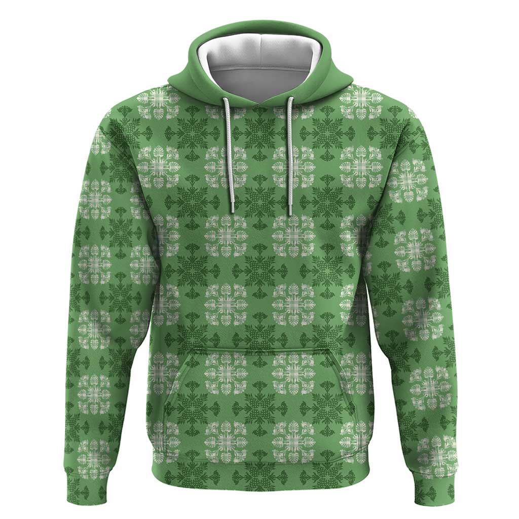 Green Hawaiian Quilt Hoodie Hawaii Pineapple Monstera Palaka Motifs LT14 Pullover Hoodie Green - Polynesian Pride