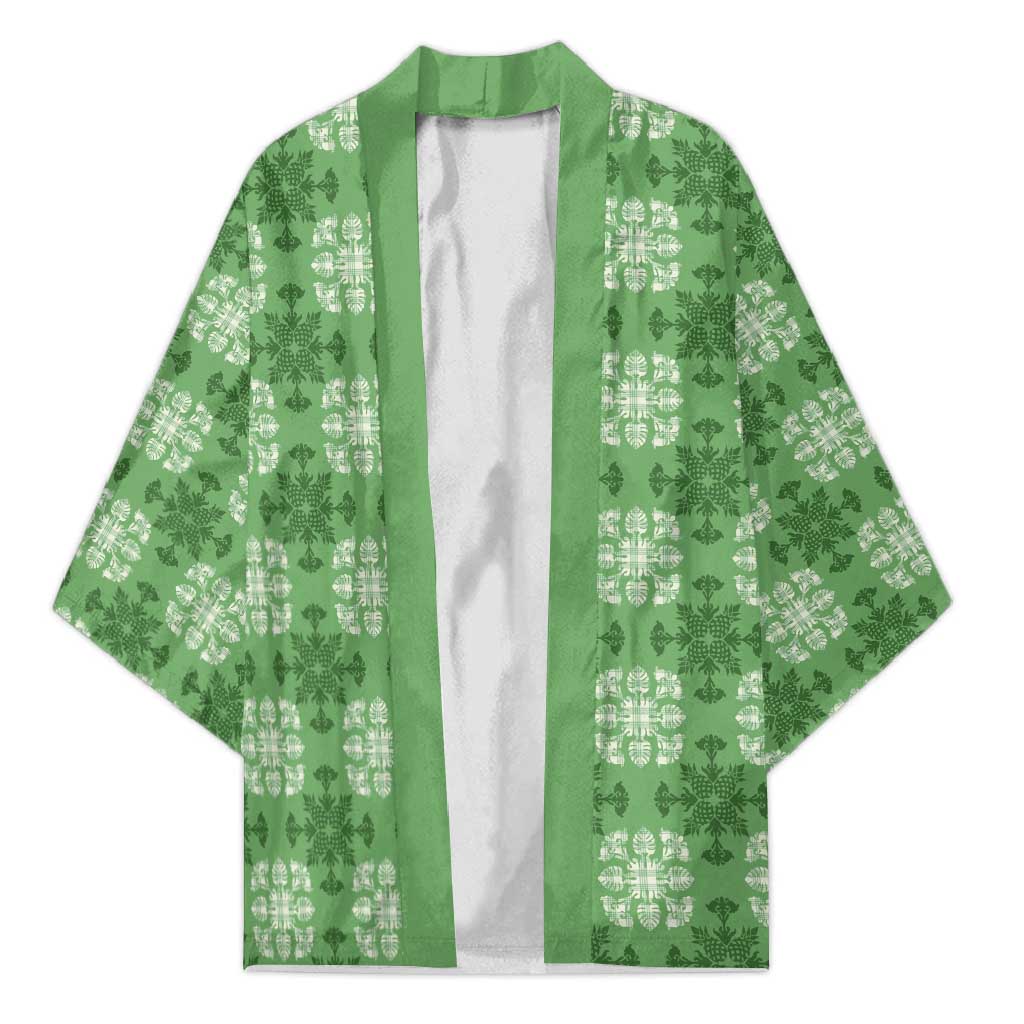 Green Hawaiian Quilt Kimono Hawaii Pineapple Monstera Palaka Motifs LT14 Unisex Green - Polynesian Pride