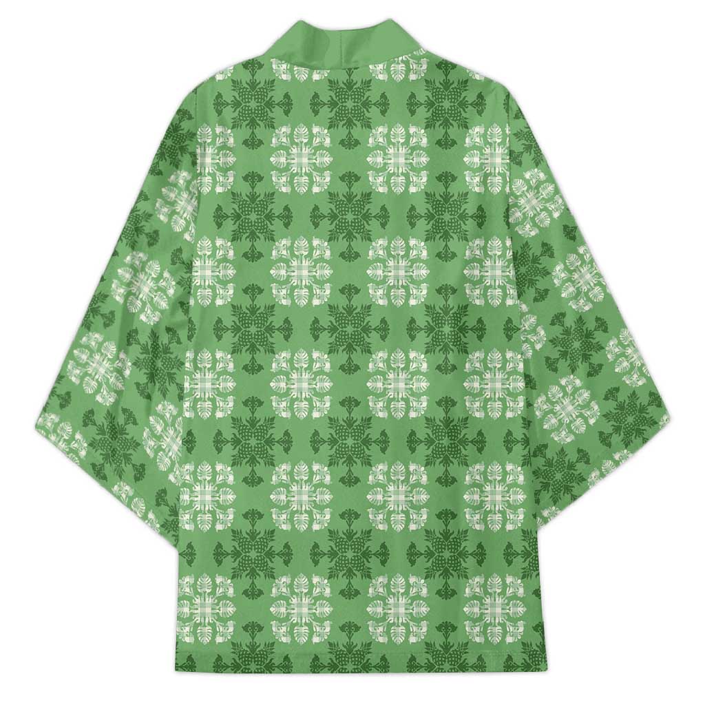 Green Hawaiian Quilt Kimono Hawaii Pineapple Monstera Palaka Motifs LT14 - Polynesian Pride