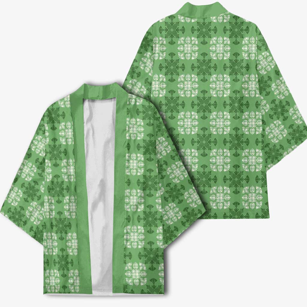 Green Hawaiian Quilt Kimono Hawaii Pineapple Monstera Palaka Motifs LT14 - Polynesian Pride