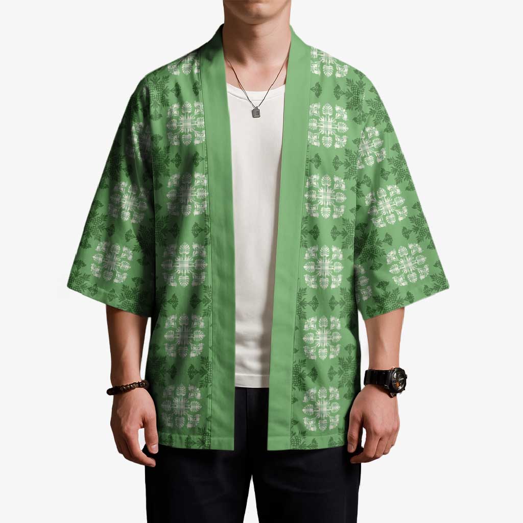 Green Hawaiian Quilt Kimono Hawaii Pineapple Monstera Palaka Motifs LT14 - Polynesian Pride