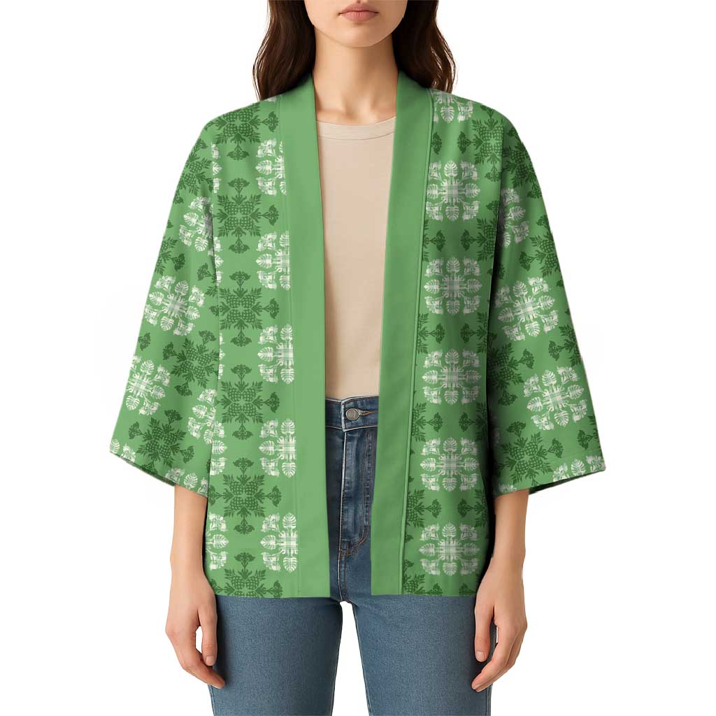 Green Hawaiian Quilt Kimono Hawaii Pineapple Monstera Palaka Motifs LT14 - Polynesian Pride