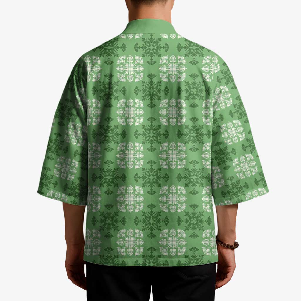 Green Hawaiian Quilt Kimono Hawaii Pineapple Monstera Palaka Motifs LT14 - Polynesian Pride
