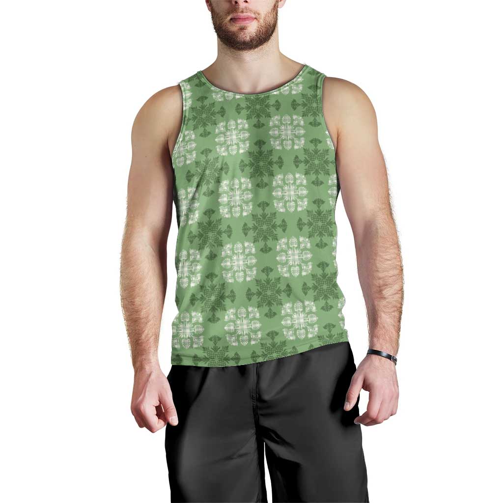 Green Hawaiian Quilt Men Tank Top Hawaii Pineapple Monstera Palaka Motifs LT14 - Polynesian Pride