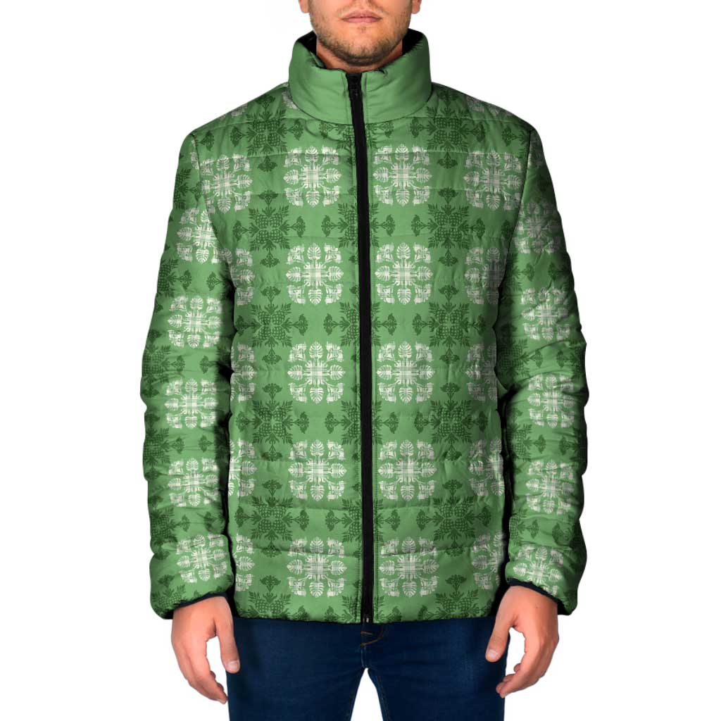Green Hawaiian Quilt Padded Jacket Hawaii Pineapple Monstera Palaka Motifs LT14 Men Green - Polynesian Pride