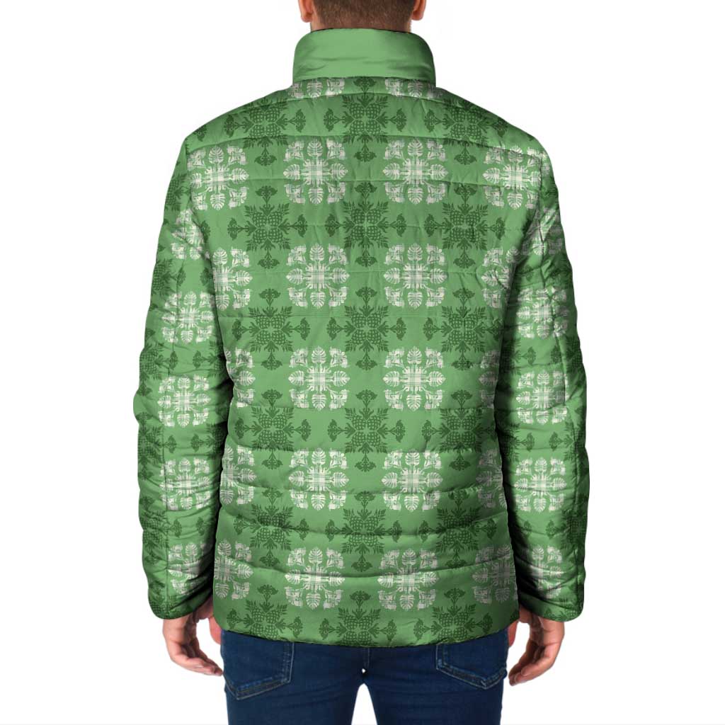 Green Hawaiian Quilt Padded Jacket Hawaii Pineapple Monstera Palaka Motifs LT14 - Polynesian Pride