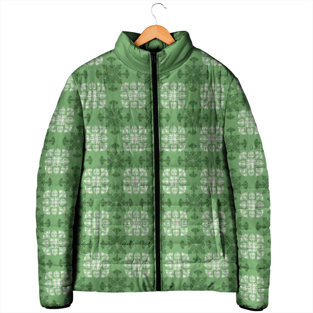 Green Hawaiian Quilt Padded Jacket Hawaii Pineapple Monstera Palaka Motifs LT14 - Polynesian Pride
