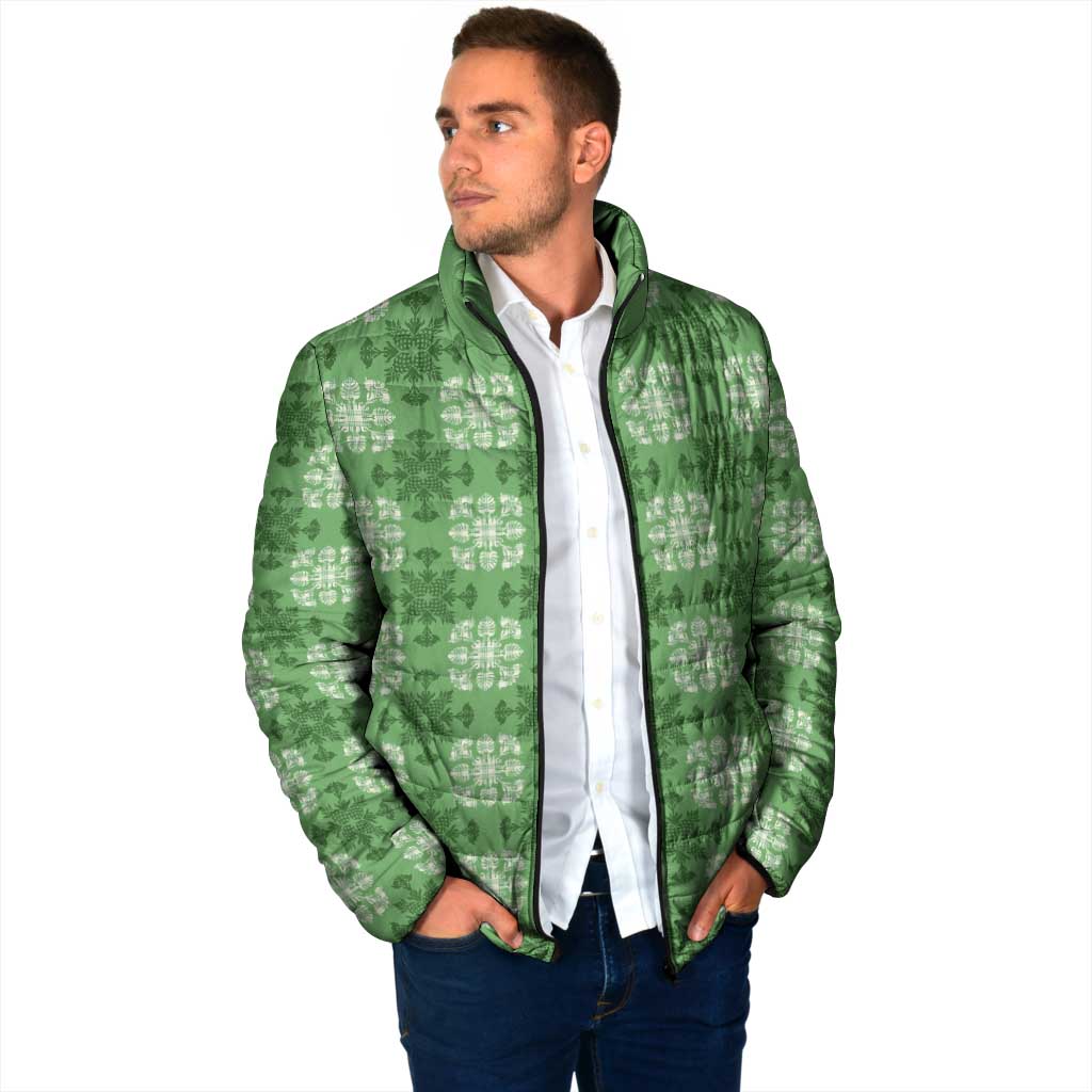 Green Hawaiian Quilt Padded Jacket Hawaii Pineapple Monstera Palaka Motifs LT14 - Polynesian Pride
