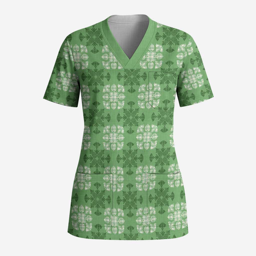Green Hawaiian Quilt Scrub Top Hawaii Pineapple Monstera Palaka Motifs LT14 Adult Green - Polynesian Pride