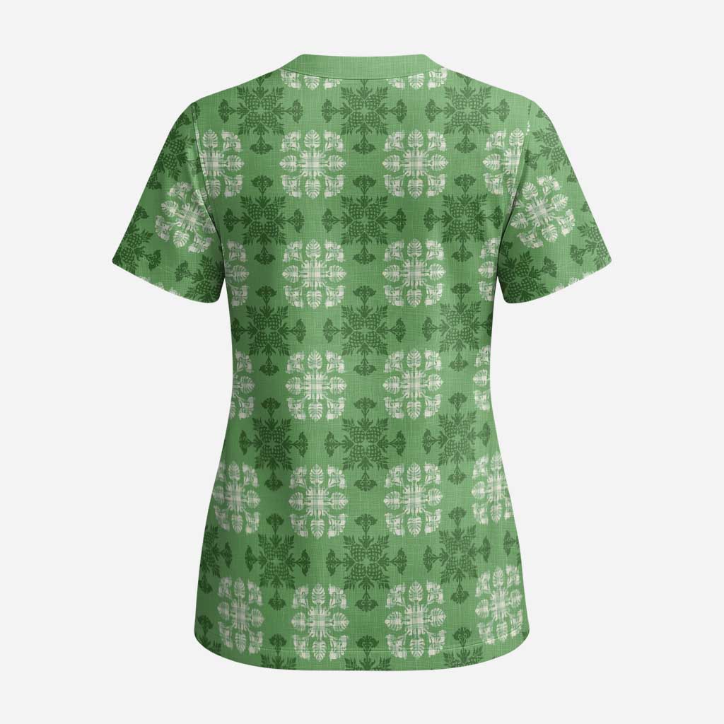 Green Hawaiian Quilt Scrub Top Hawaii Pineapple Monstera Palaka Motifs LT14 - Polynesian Pride