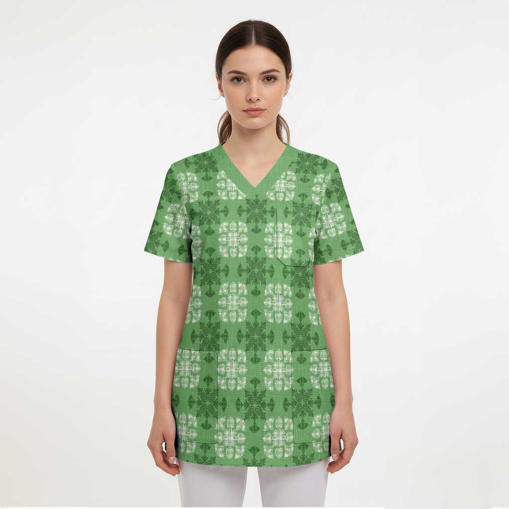 Green Hawaiian Quilt Scrub Top Hawaii Pineapple Monstera Palaka Motifs LT14 - Polynesian Pride