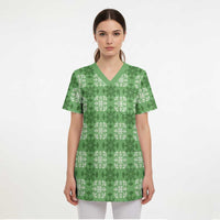 Green Hawaiian Quilt Scrub Top Hawaii Pineapple Monstera Palaka Motifs LT14 - Polynesian Pride