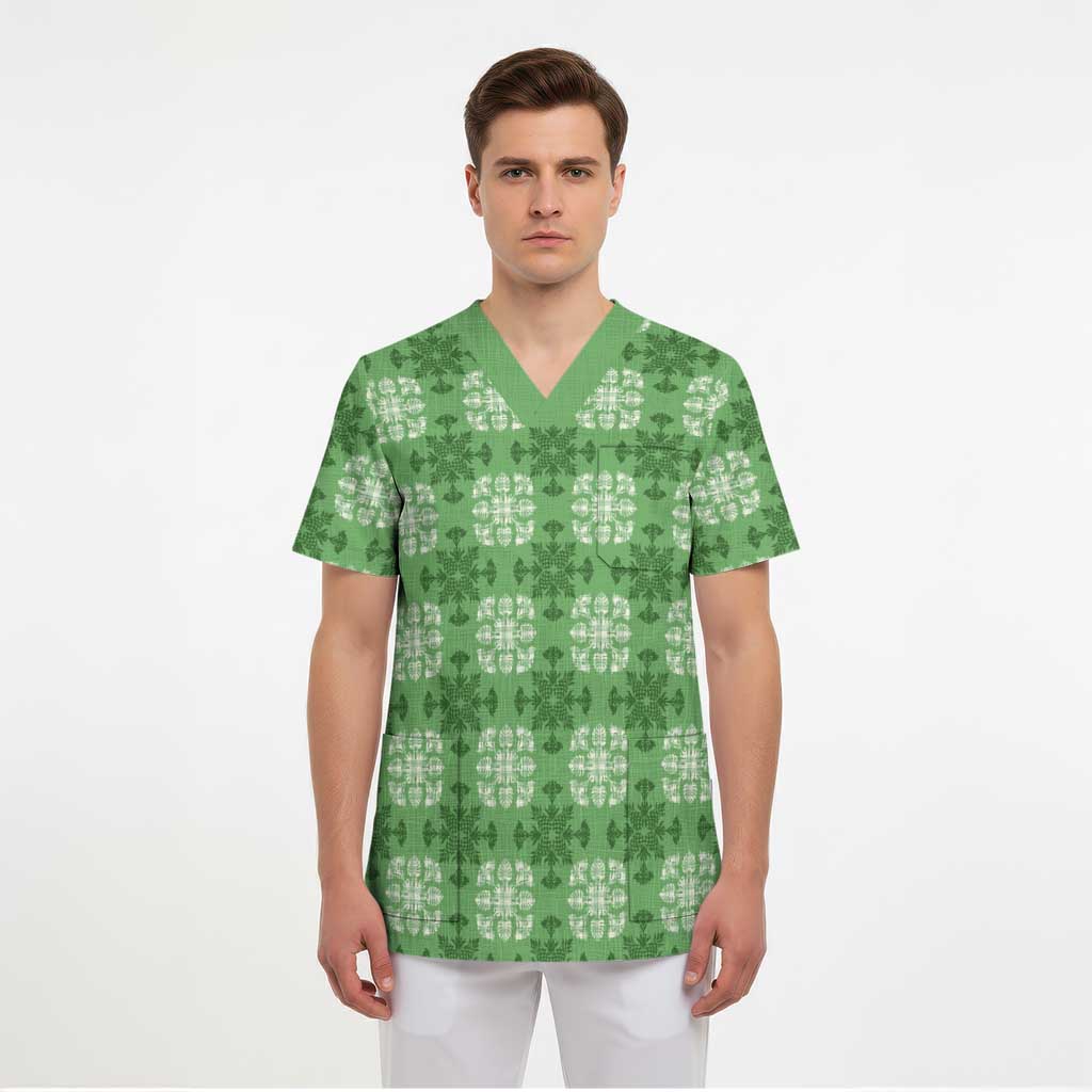 Green Hawaiian Quilt Scrub Top Hawaii Pineapple Monstera Palaka Motifs LT14 - Polynesian Pride