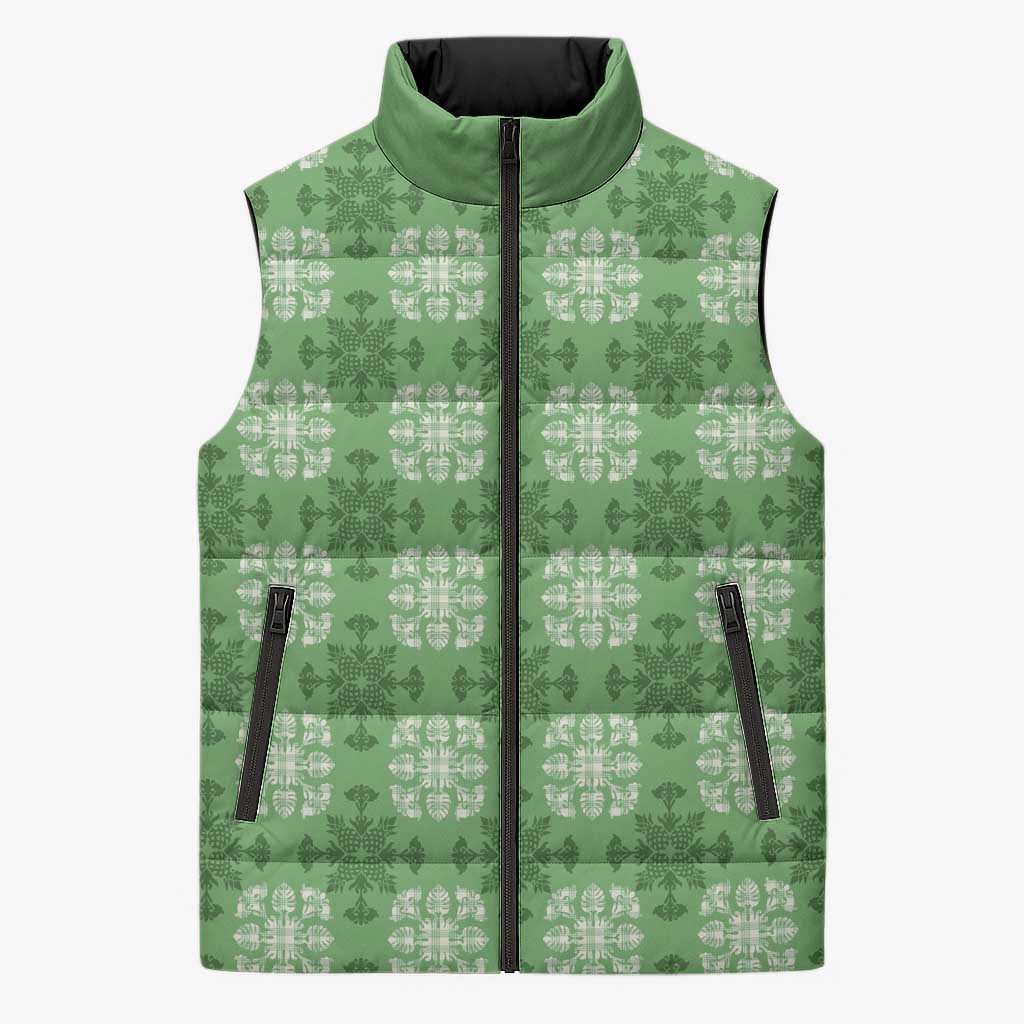 Green Hawaiian Quilt Sleeveless Puffer Jacket Hawaii Pineapple Monstera Palaka Motifs LT14 Unisex Green - Polynesian Pride